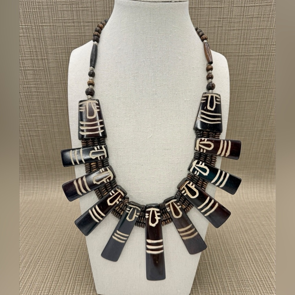 Vintage Carved Bone Statement Bib Collar Necklace Tribal 118g - Picture 5 of 17